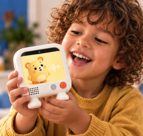 A child talks to Bubu while holding it close
