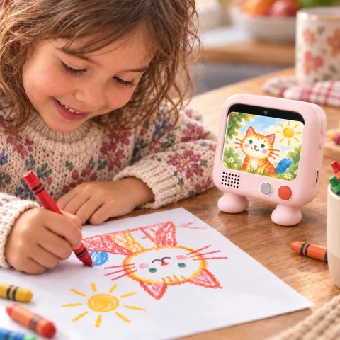 A child draws while Bubu shows the finished picture