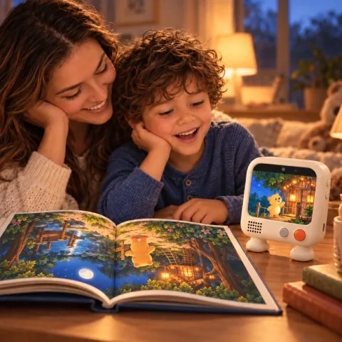 A parent and child share a story beside Bubu