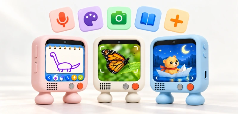 Five App icons above powder-blue, blush and warm-white matte devices