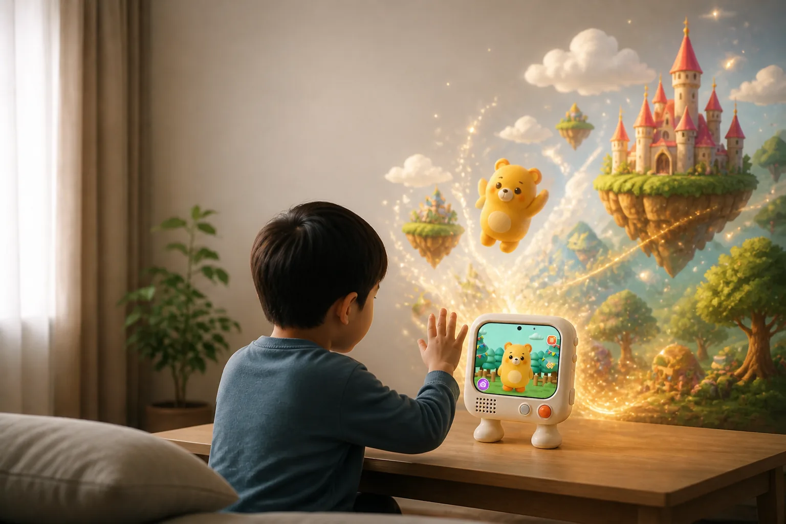 孩子与 Bubu 创造幻想中的城堡世界