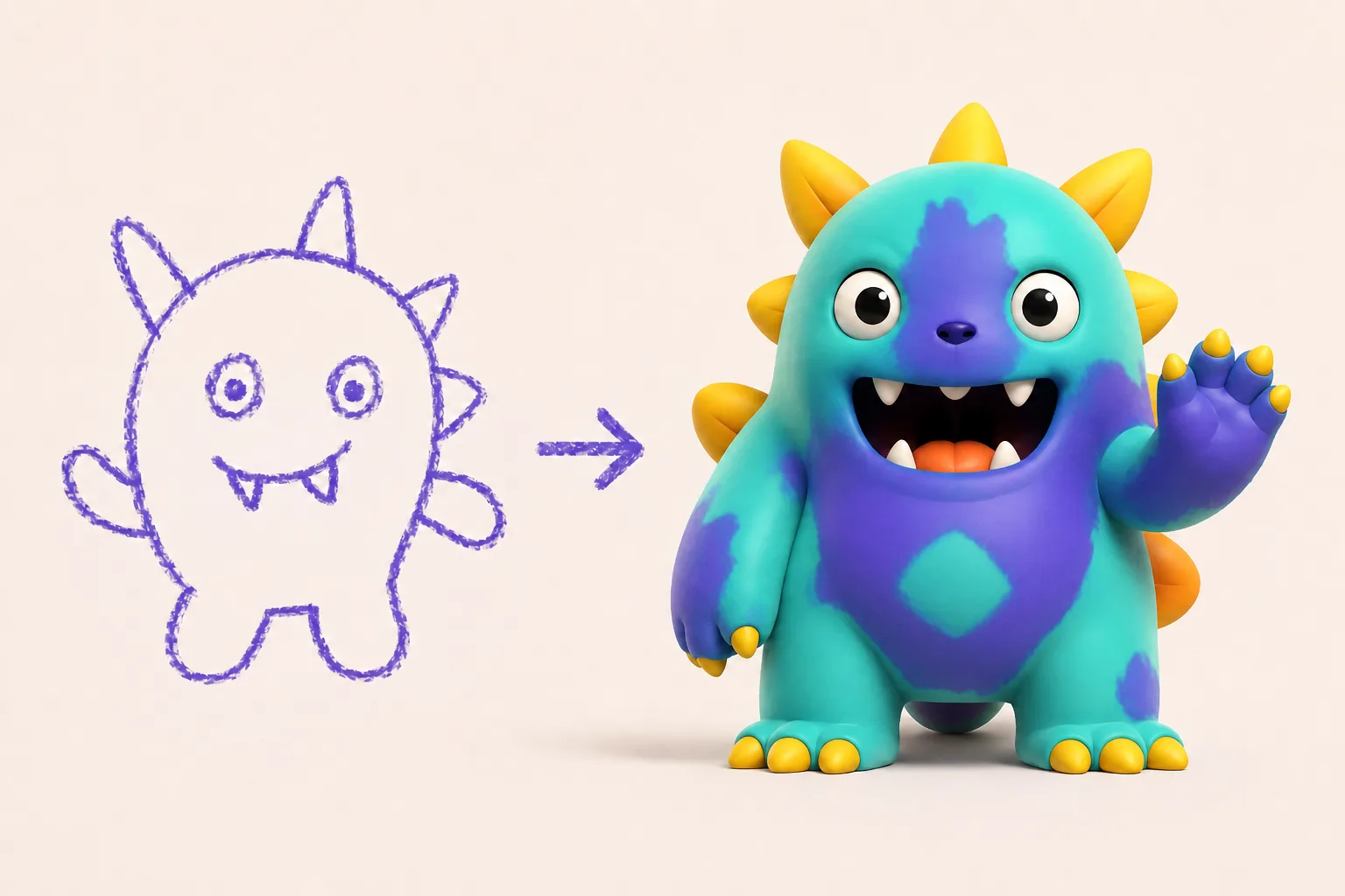 孩子画出的简单怪兽草图,被 Bubu 变成光滑精致的 AI 生成 3D 角色作品