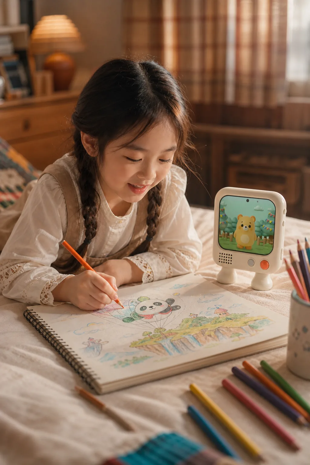 孩子边画画边和 Bubu 一起创作