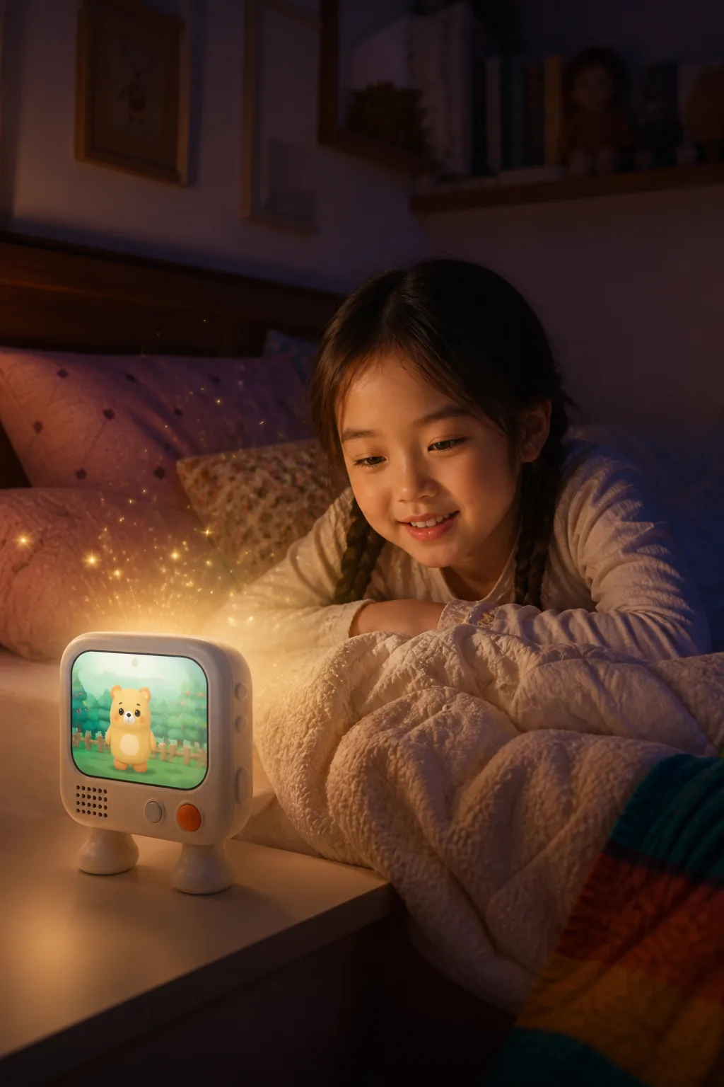 孩子在睡前听 Bubu 讲互动故事