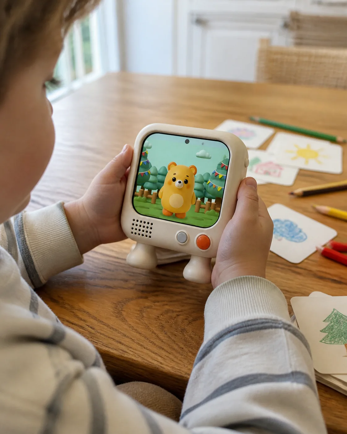 孩子在桌边拿着 Bubu 创作角色