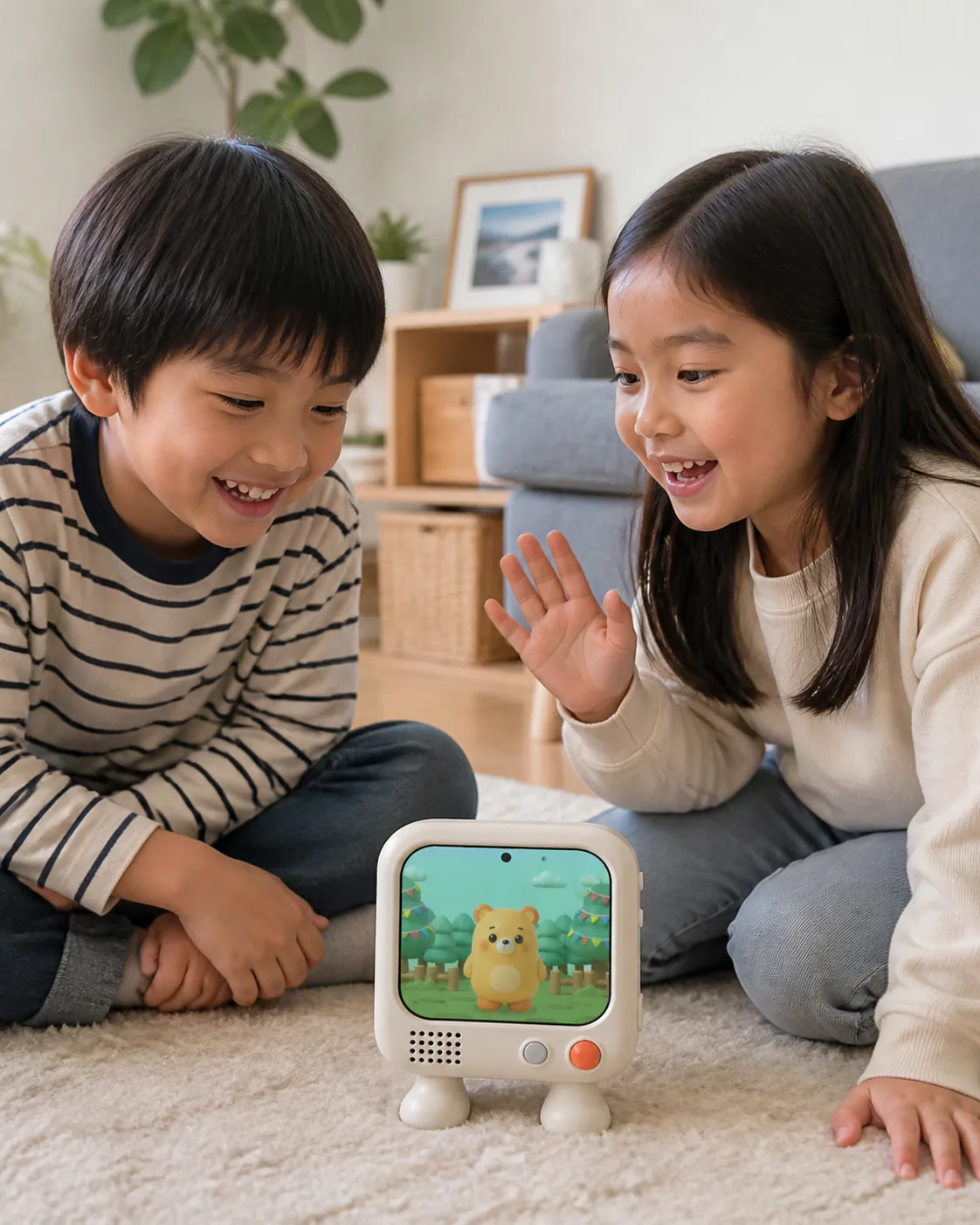 两个孩子一起使用 Bubu 探索新故事